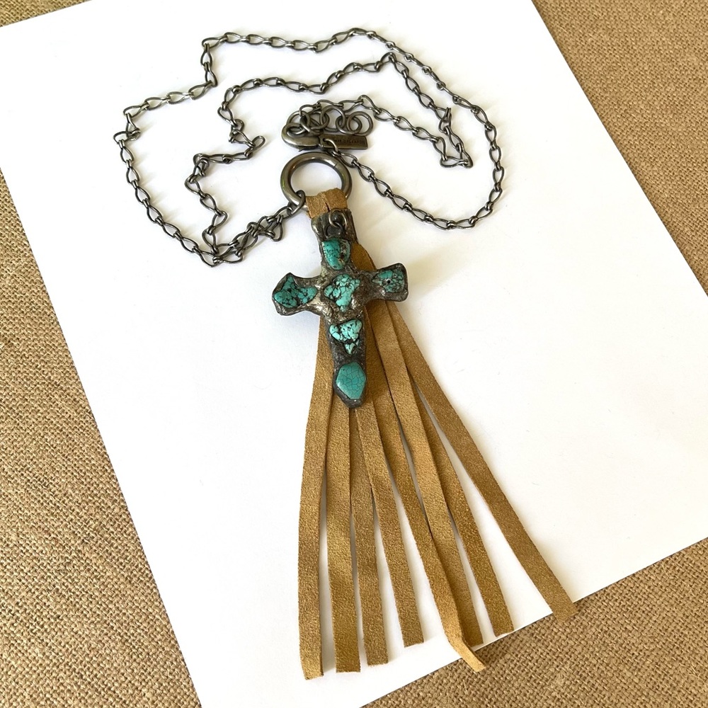 NEW Jamie Dietrich Silver Turquoise Cross Tan Tassel Stainless Steel Necklace
